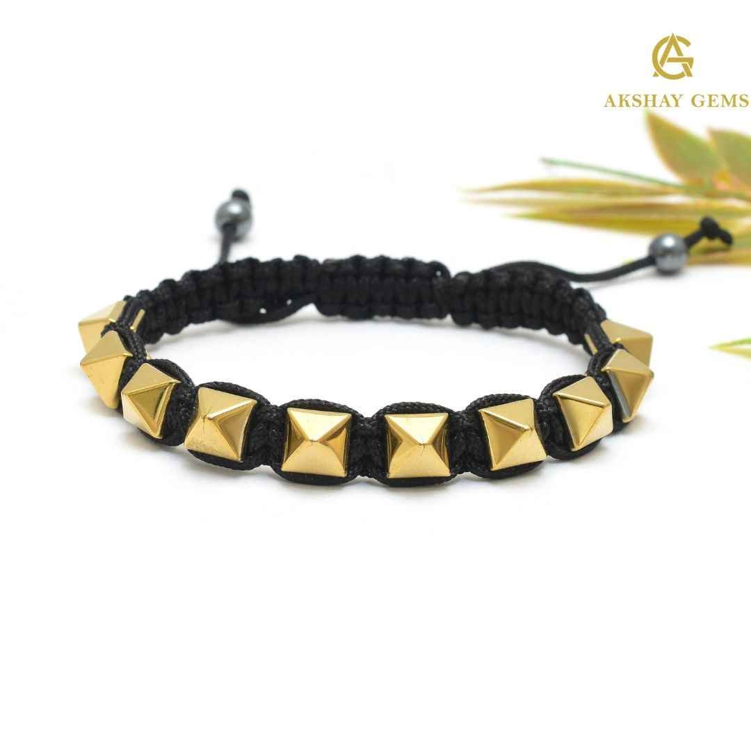 97_d7bcecc8-f3b9-4d49-8c95-57e5da738613.jpg Golden Pyrite Pyramid (Coated Hematite) Braided Bracelet - Image 1