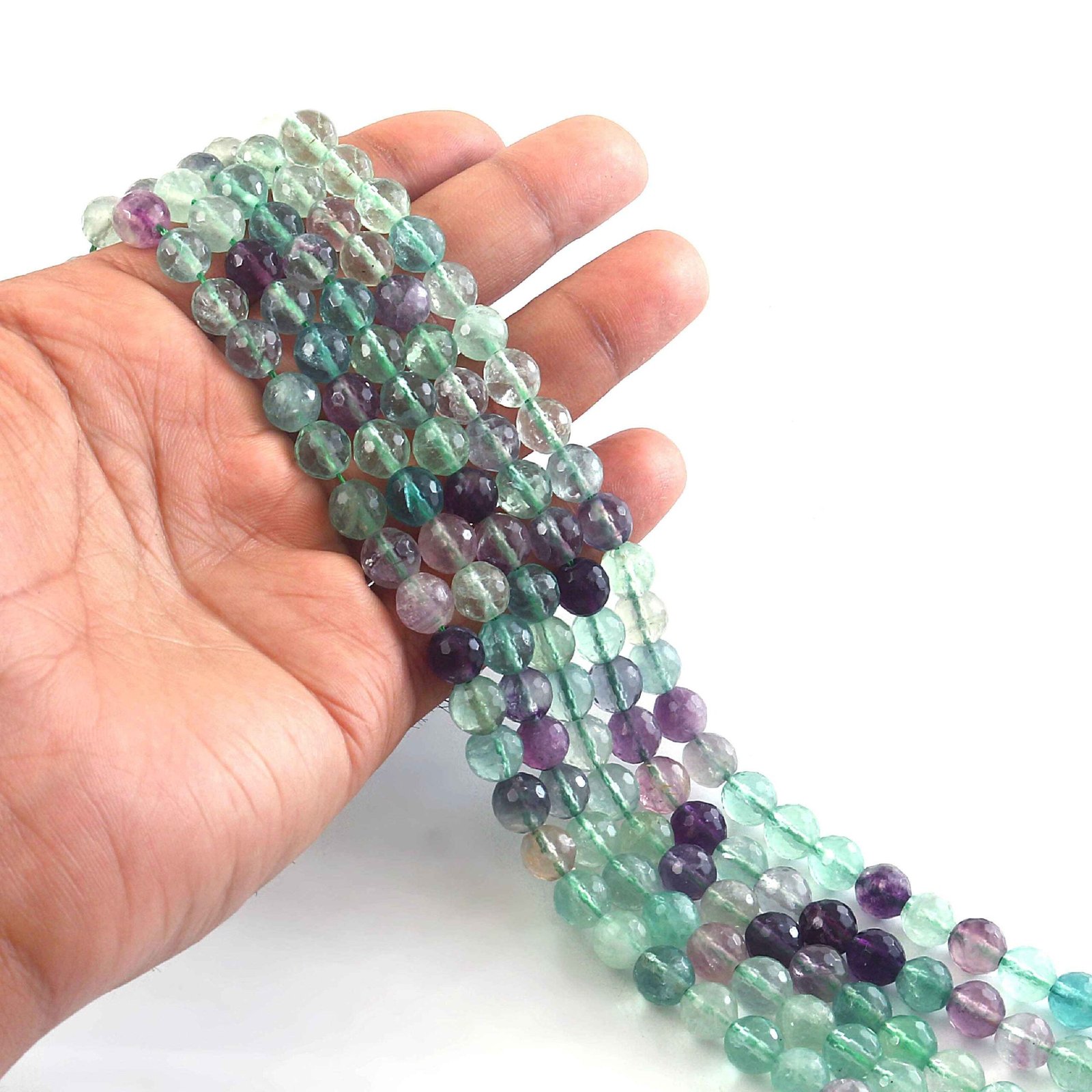 IMG_5350.jpg 8mm Faceted Multi Fluorite Beads String – Natural Green Purple Fluorite Round Beads for Jewellery Making (Wholesale) - Image 1