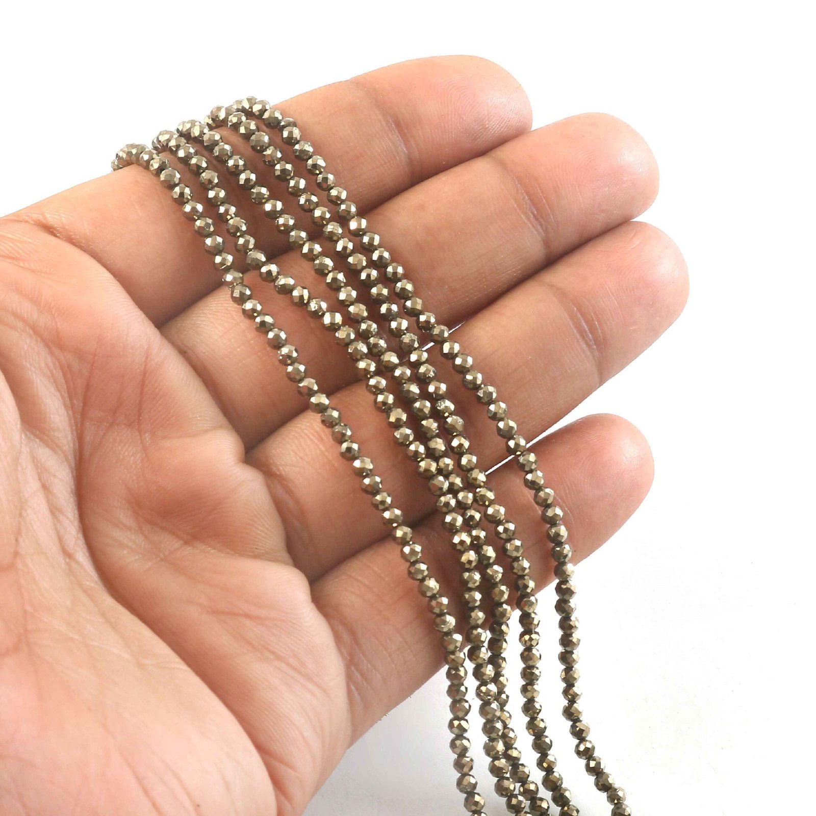 IMG_5425.jpg 3mm Natural Pyrite Faceted Beads String – Metallic Gold Round Gemstone Loose Beads for Jewellery Making (Wholesale) - Image 1