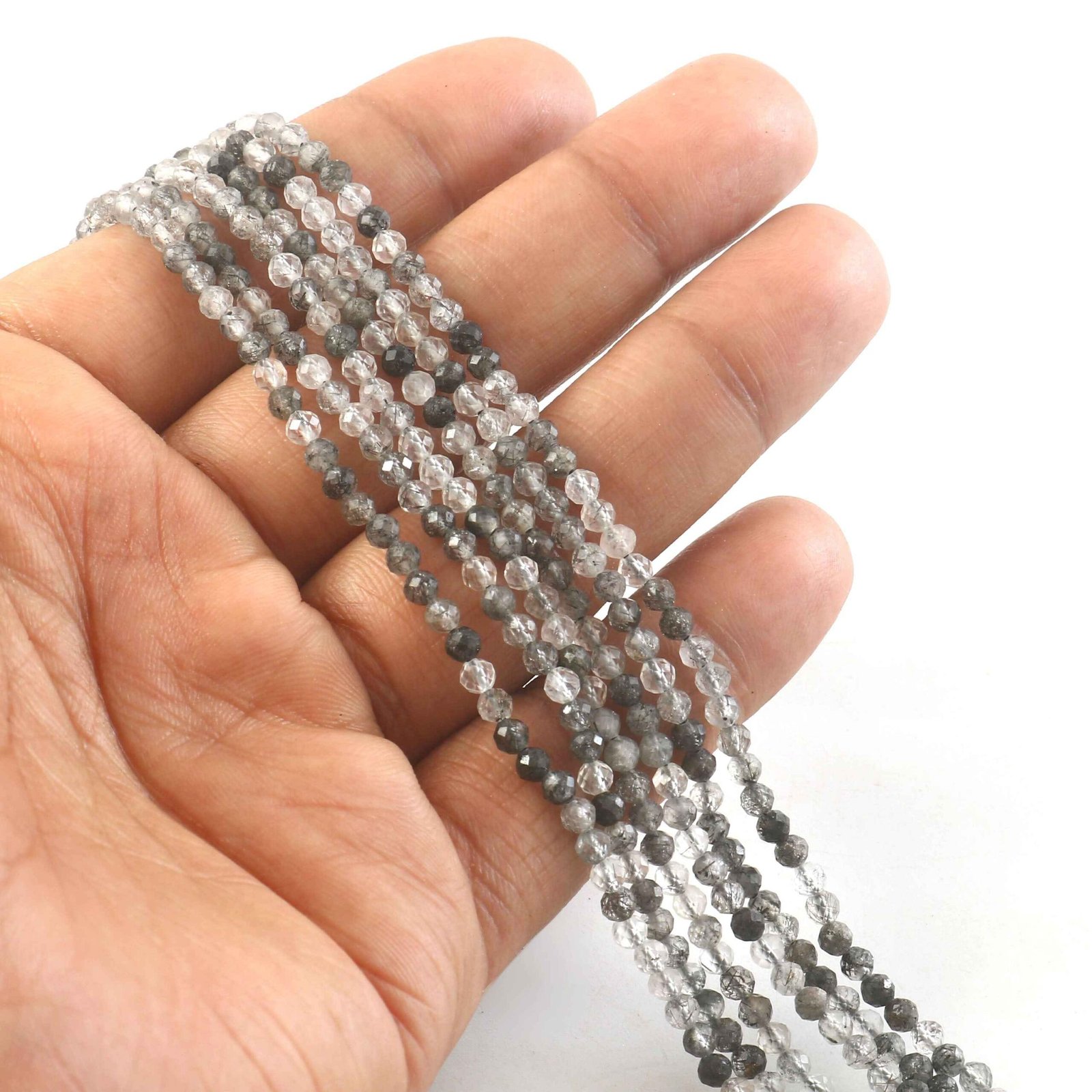 IMG_5428.jpg 3mm Natural Black Rutile Quartz Faceted Beads String – Grey Clear Round Gemstone Loose Beads for Jewellery Making (Wholesale) - Image 1